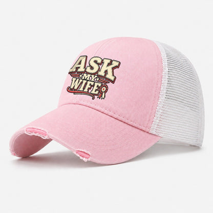Ask My Wife American Wit Washed Trucker Hat – Light Pink