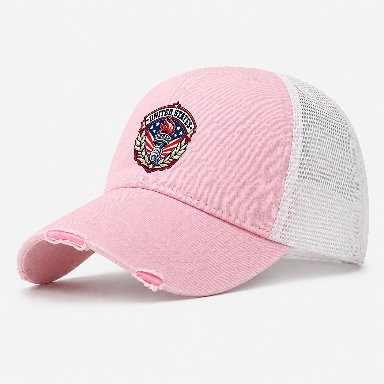United States Retro Badge Country Logos Washed Trucker Hat – Light Pink
