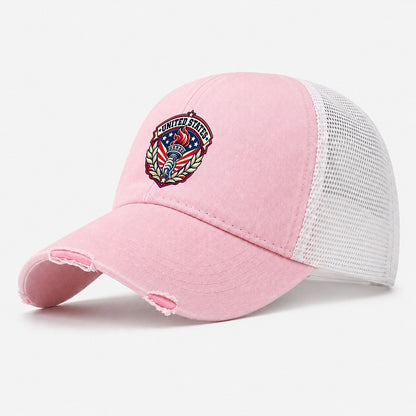 United States Retro Badge Country Logos Washed Trucker Hat – Light Pink