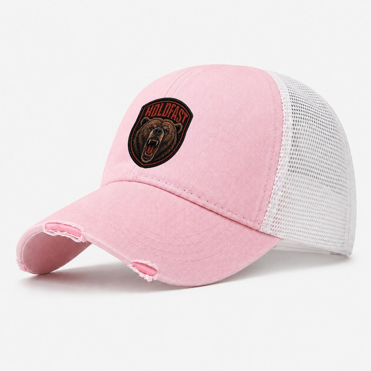 Grizzly Holdfast Badge Washed Trucker Hat – Light Pink
