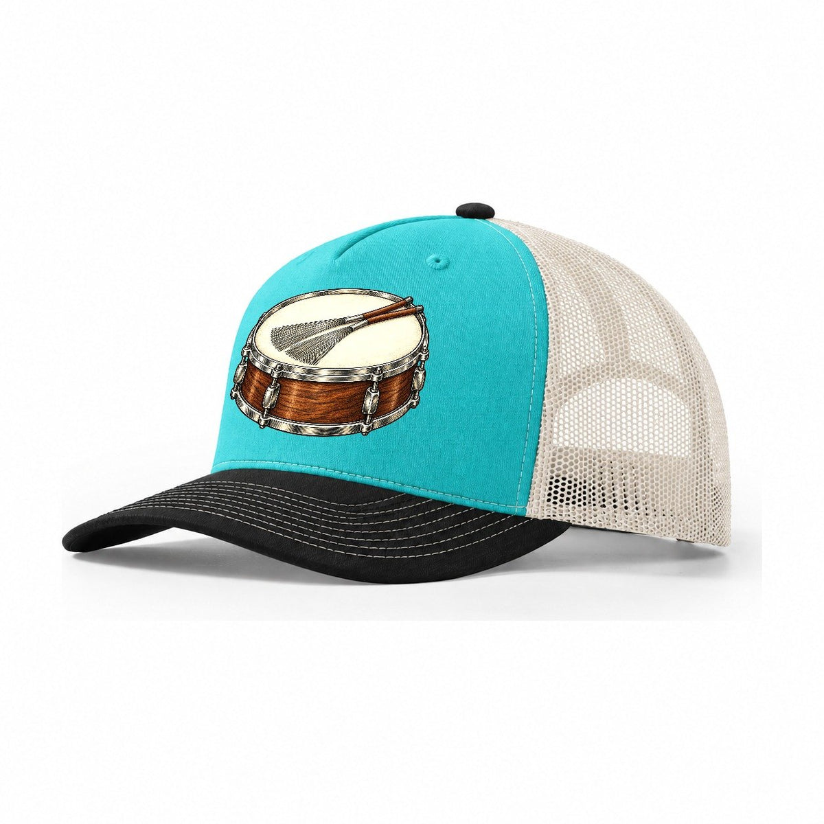 Snare With Resting Brushes Pastimes Companions Trucker Hat – Aqua Black White