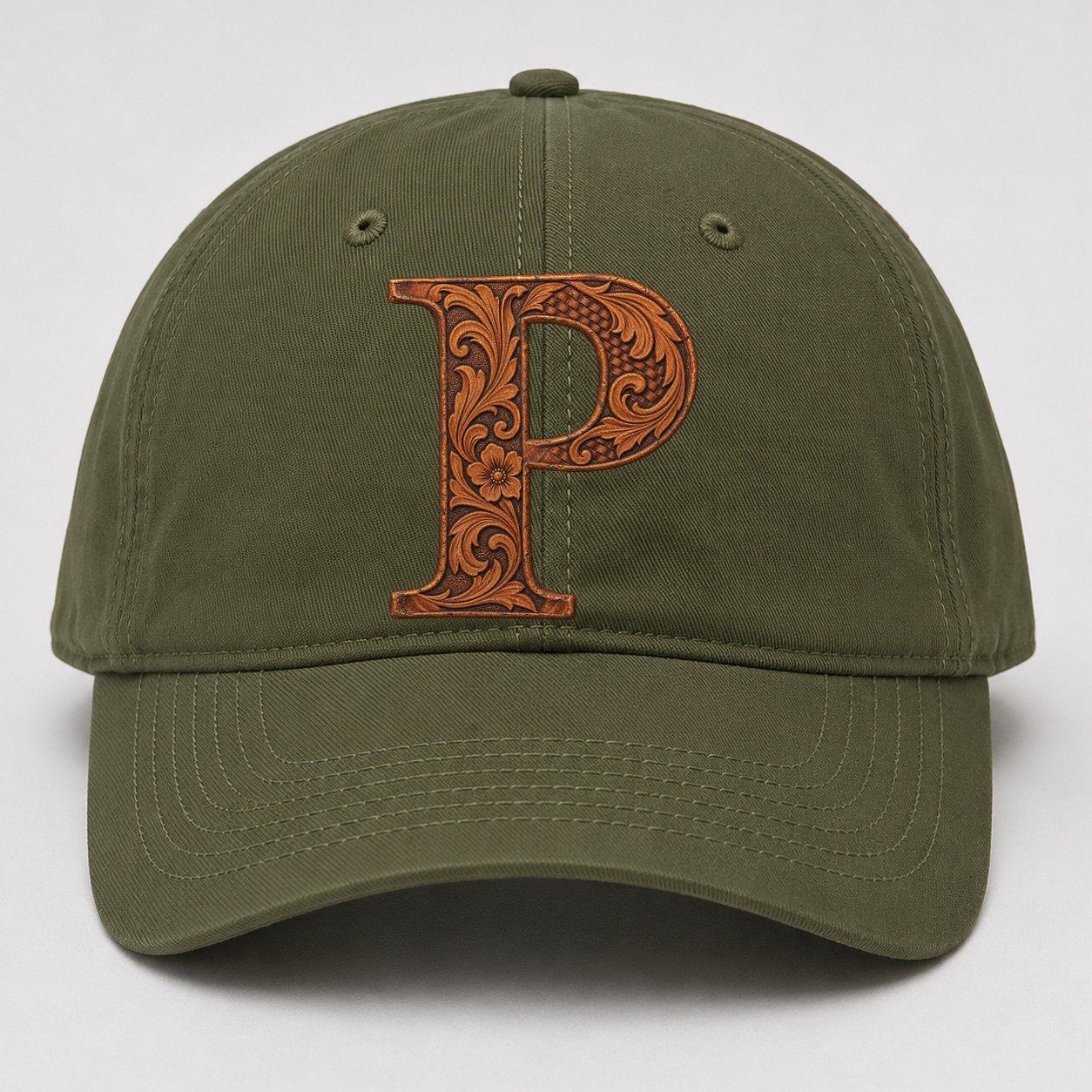Tooled Leather P Monogram Baseball Cap – Army Green