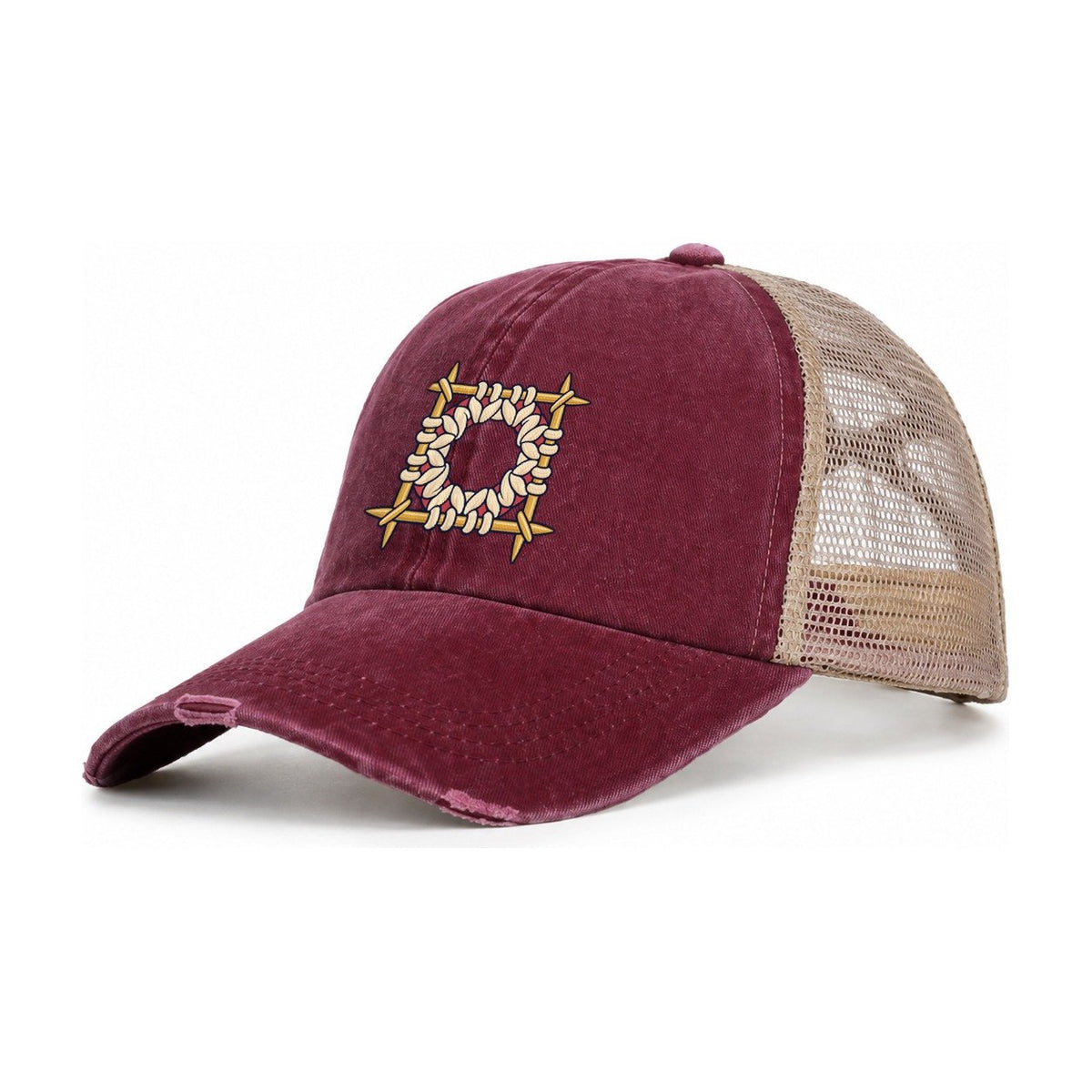 Sock Needle Constellation Yarn Crafts Women's Ponytail Trucker Hat – Burgundy Khaki