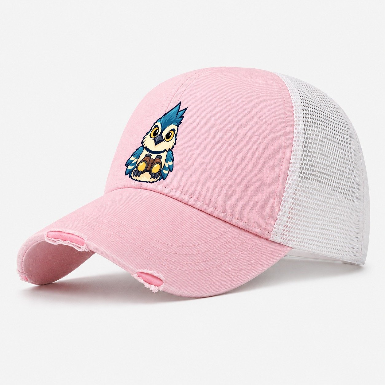 Jay With Binoculars Birdwatching Washed Trucker Hat – Light Pink