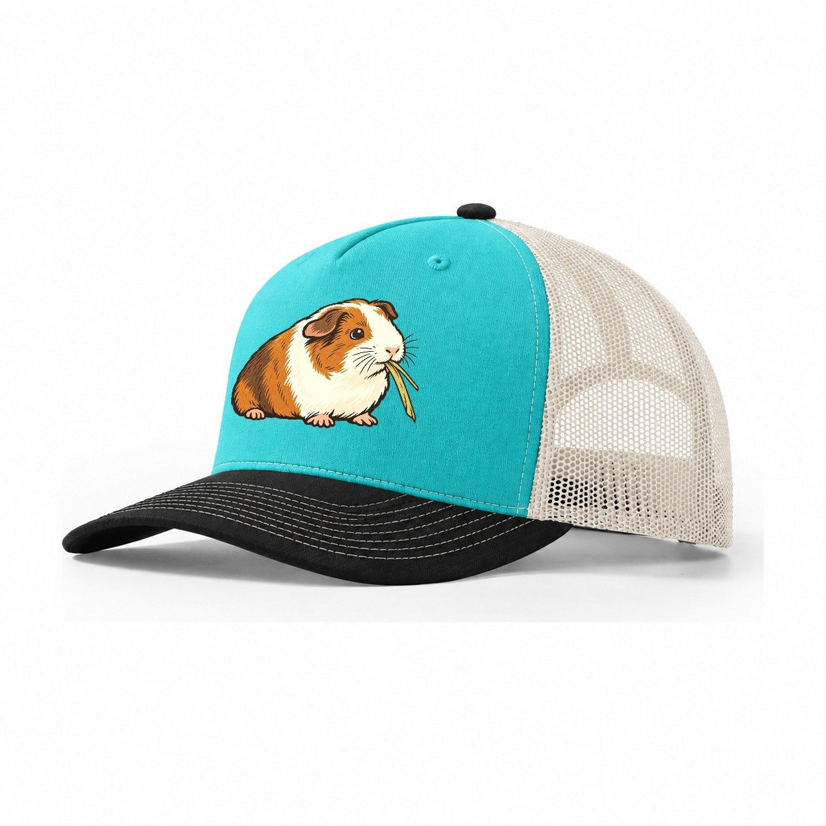 Guinea Pig Hay Bite Small Pet Logos Trucker Hat – Aqua Black White