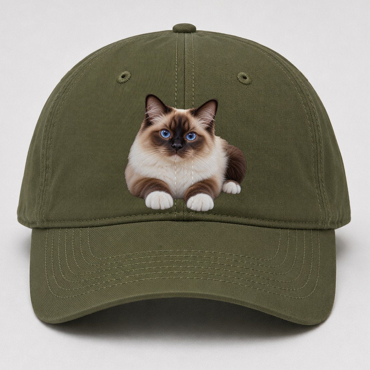Birman Reclining Paws Forward Realistic Cat Portrait Baseball Cap – Army Green
