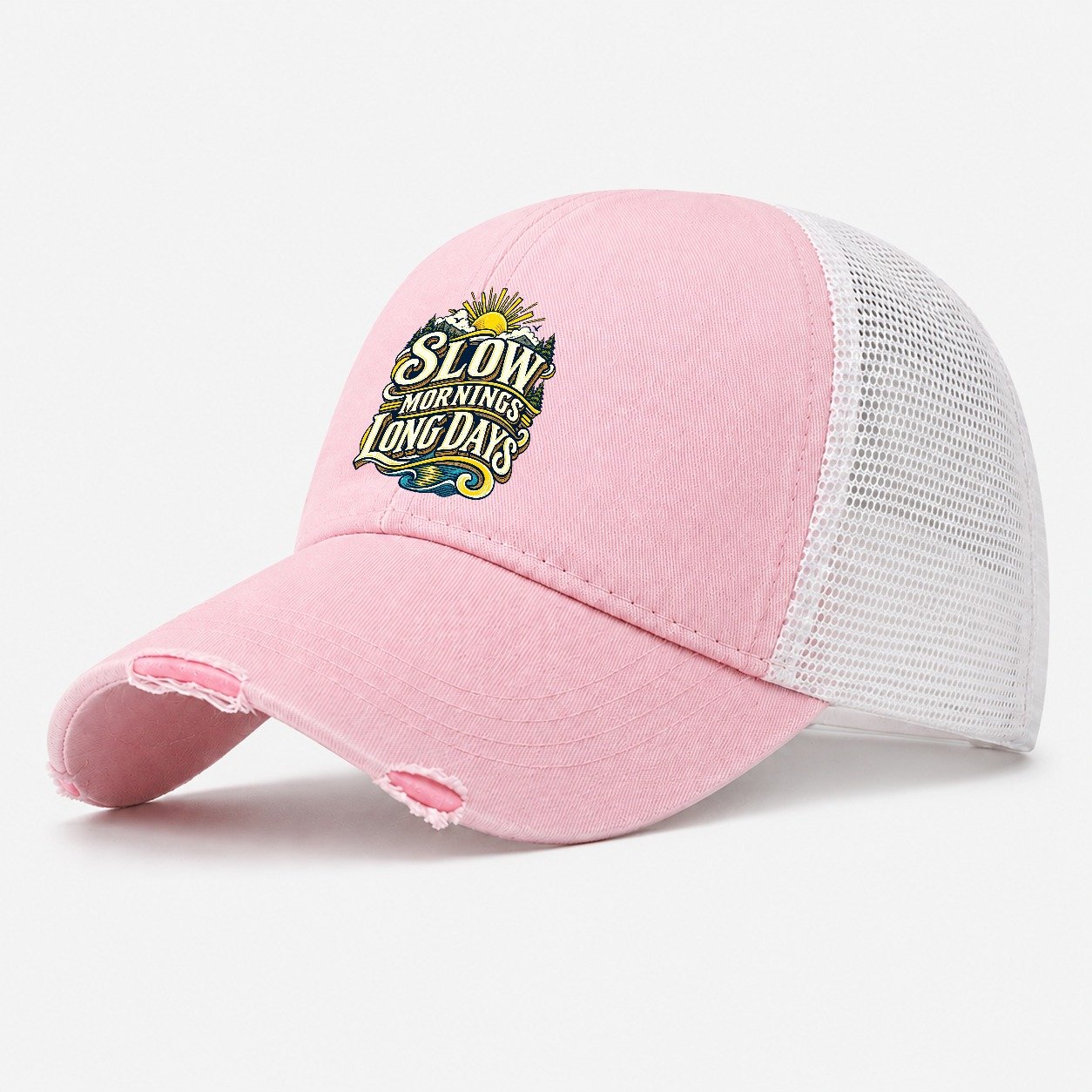 Slow Mornings Long Days Retired Living Washed Trucker Hat – Light Pink