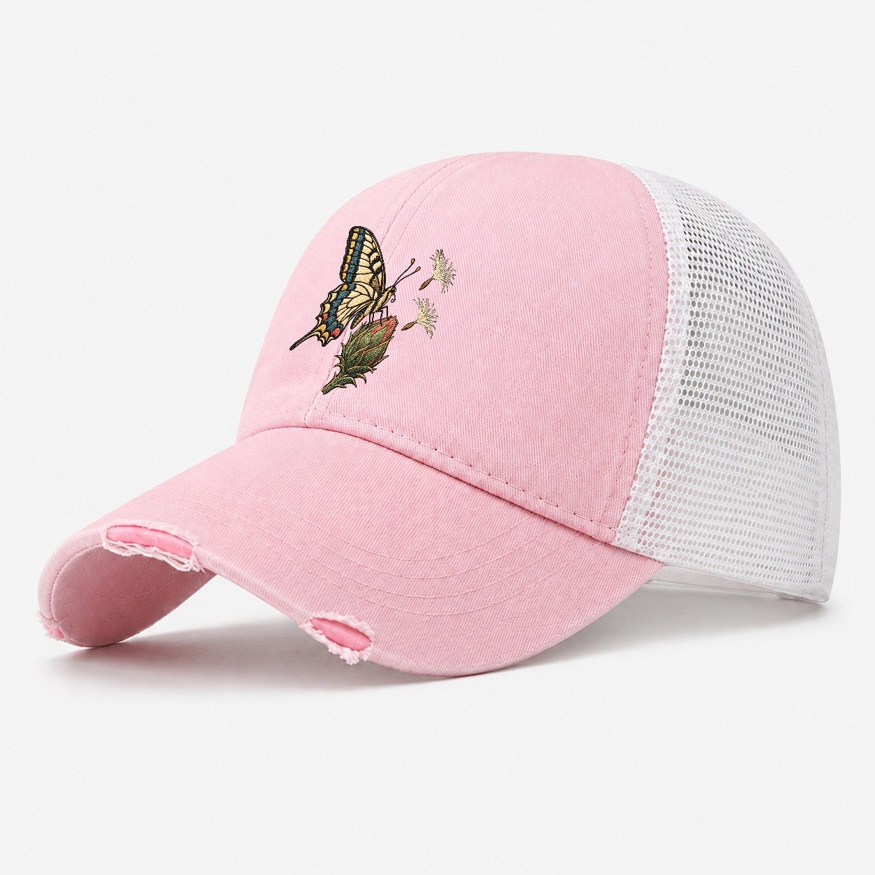 Swallowtail Thistle Rest Gentle Wild Washed Trucker Hat – Light Pink