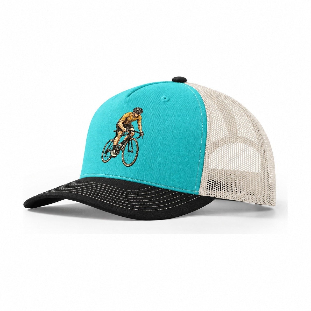 Cyclist Steady Climb Pastimes Companions Trucker Hat – Aqua Black White