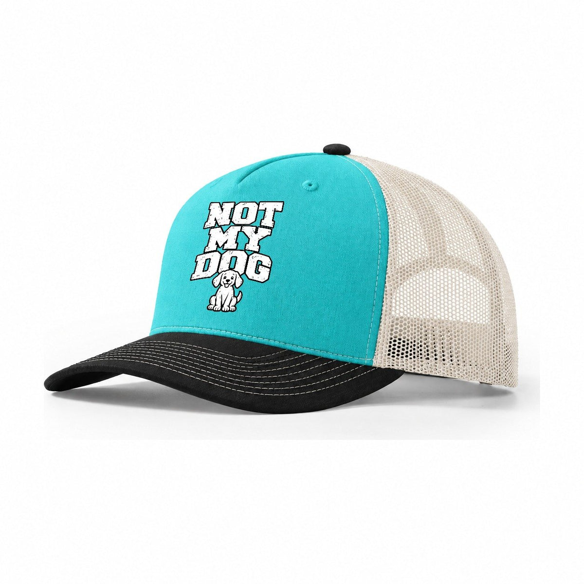 Not My Dog Trucker Hat – Aqua Black White