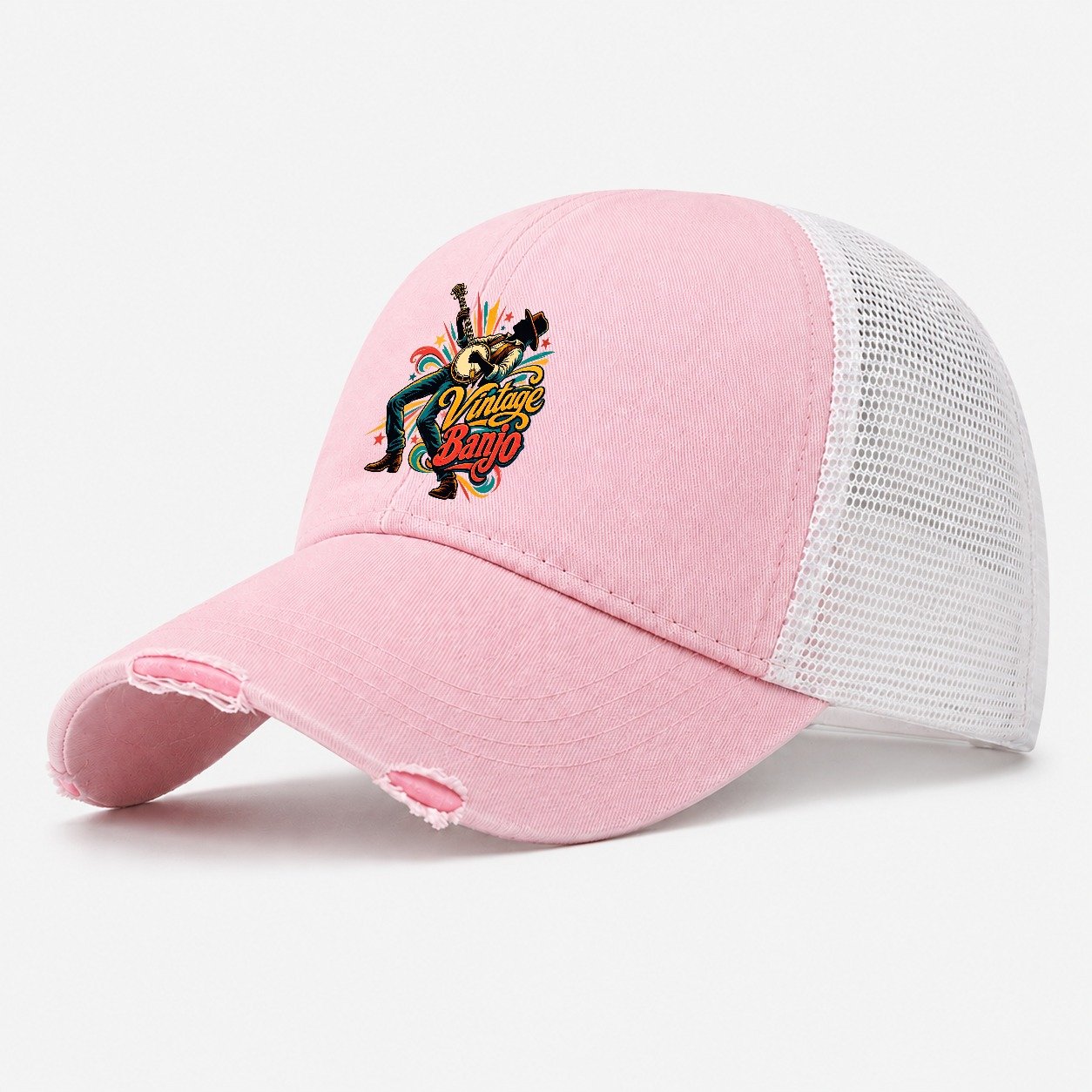 Vintage Banjo Music Instruments Washed Trucker Hat – Light Pink