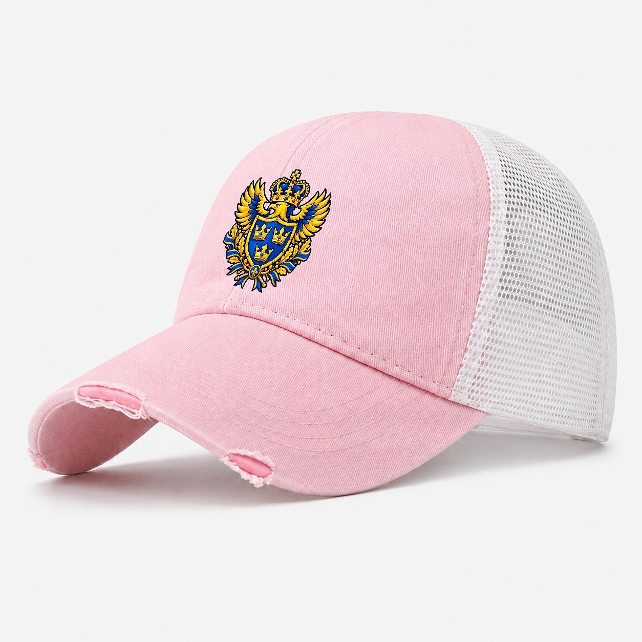 Sweden Heraldic Crest Country Logos Washed Trucker Hat – Light Pink