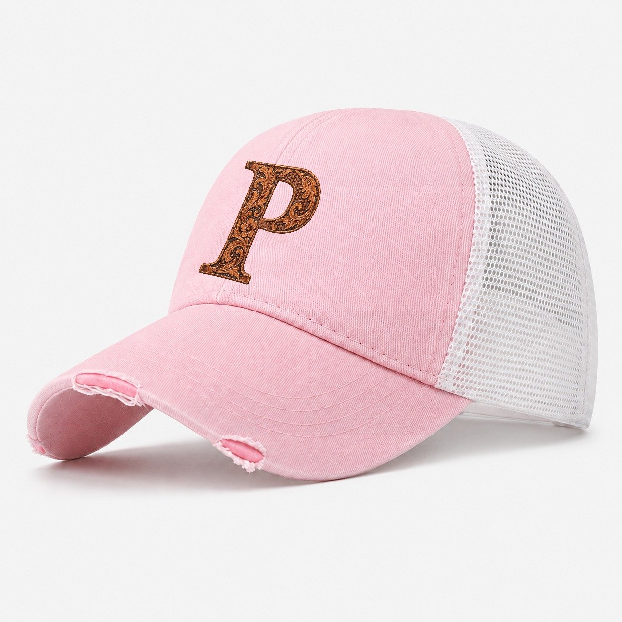 Tooled Leather P Monogram Washed Trucker Hat – Light Pink