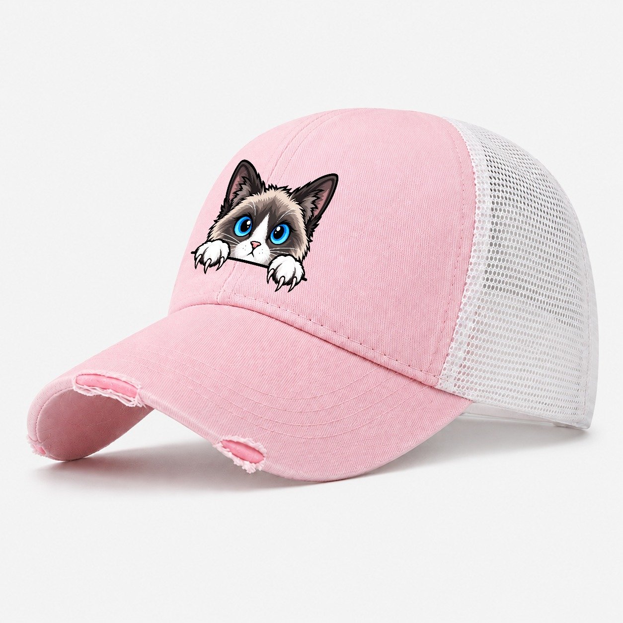 Snowshoe Cat Peeking Peeking Cats Washed Trucker Hat – Light Pink