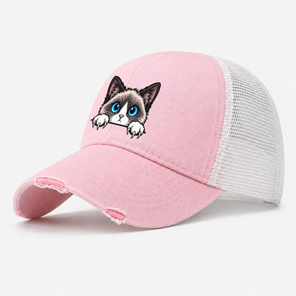 Snowshoe Cat Peeking Peeking Cats Washed Trucker Hat – Light Pink