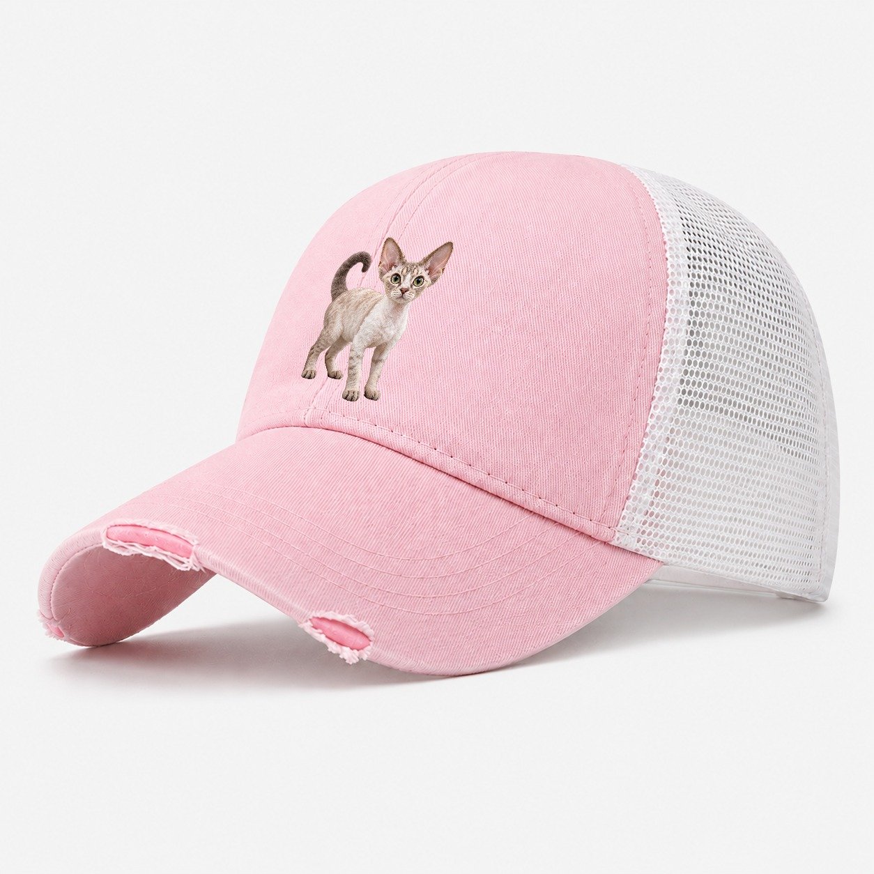 Devon Rex Standing Three Quarter Realistic Cat Portrait Washed Trucker Hat – Light Pink