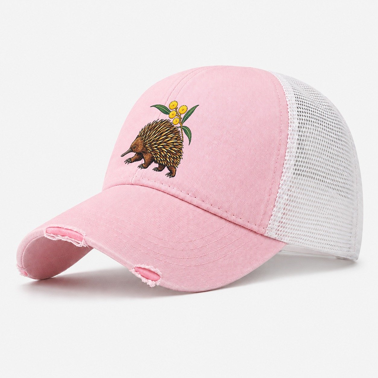 Short Beaked Echidna And Golden Wattle Australia Cultural Icons Washed Trucker Hat – Light Pink