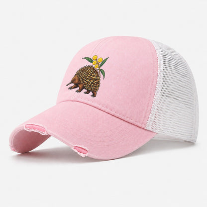 Short Beaked Echidna And Golden Wattle Australia Cultural Icons Washed Trucker Hat – Light Pink