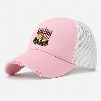 Hanukkah Menorah Cozy Judaism Heritage Washed Trucker Hat – Light Pink