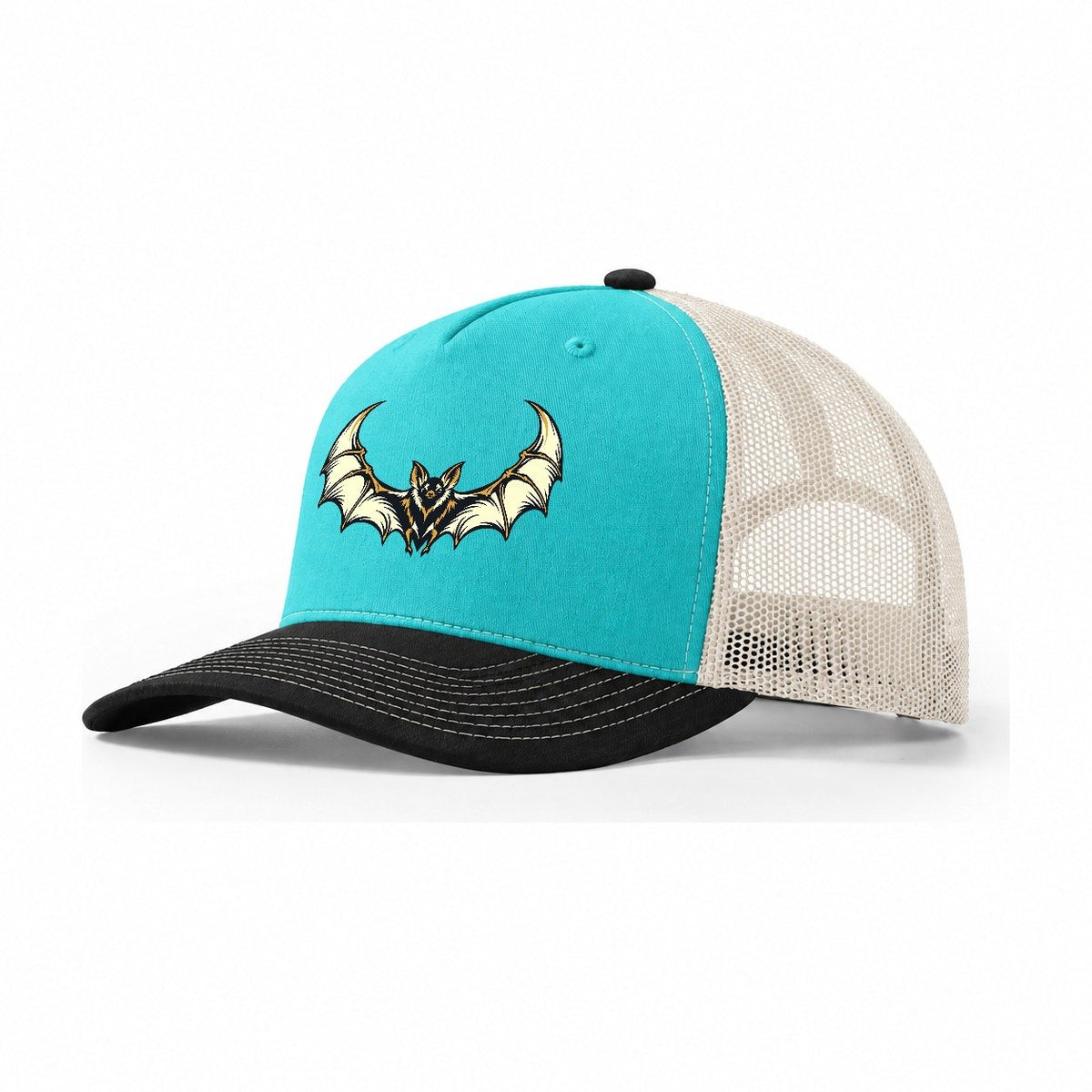 Bat Crescent Wings Sundown Familiars Trucker Hat – Aqua Black White