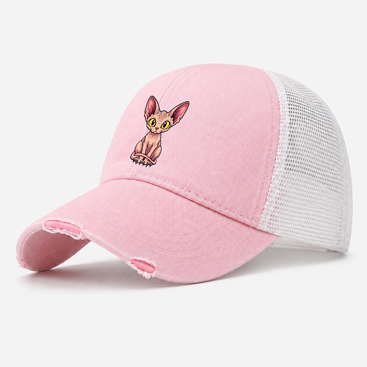 Sphynx Sitting Wrapped Peeking Cats Washed Trucker Hat – Light Pink