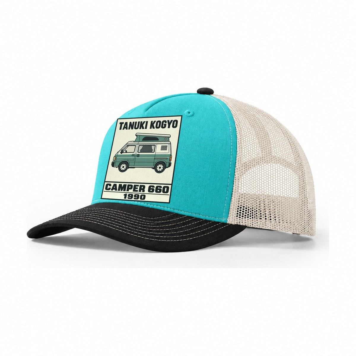 Tanuki Camper Showa Speed Plates Trucker Hat – Aqua Black White