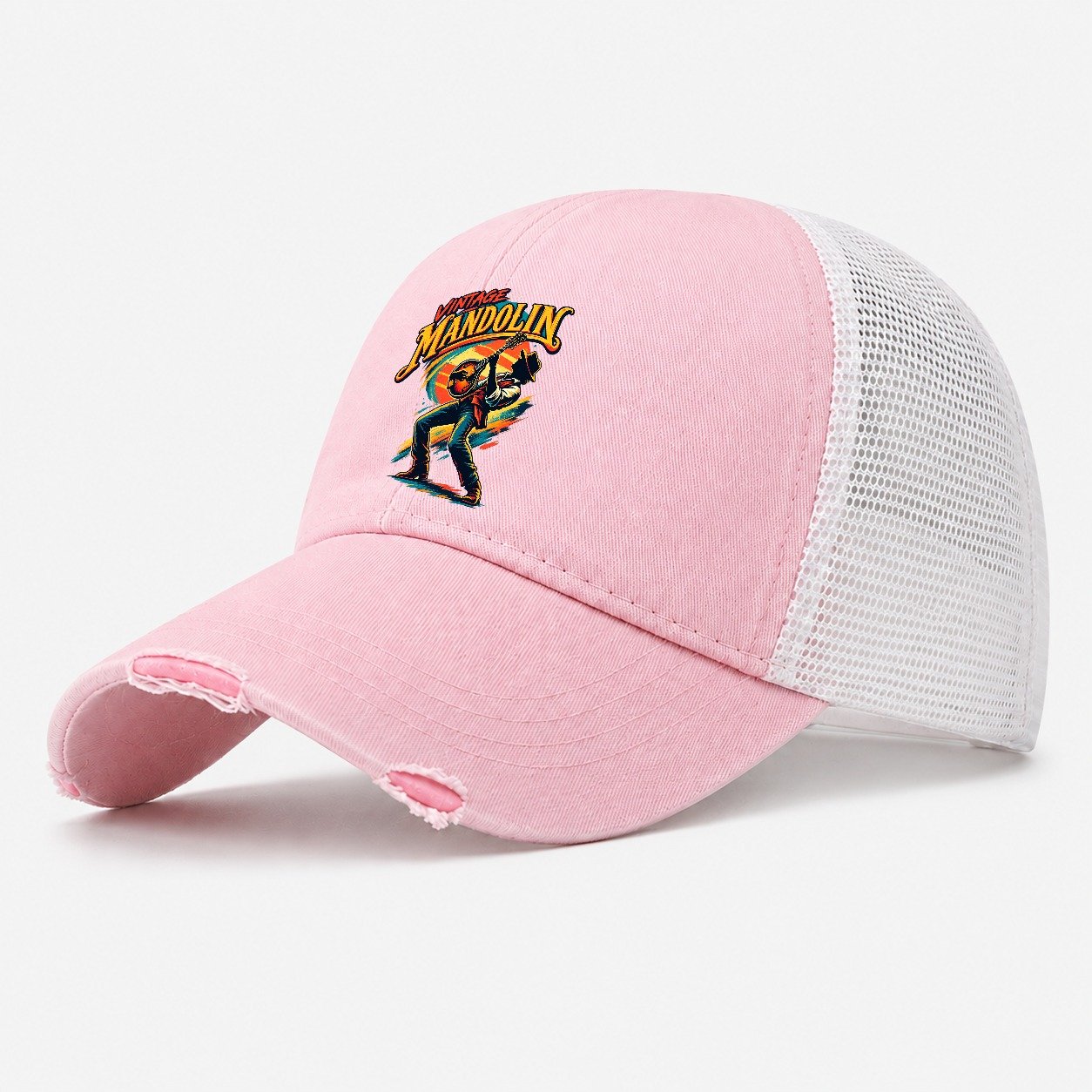 Vintage Mandolin Music Instruments Washed Trucker Hat – Light Pink