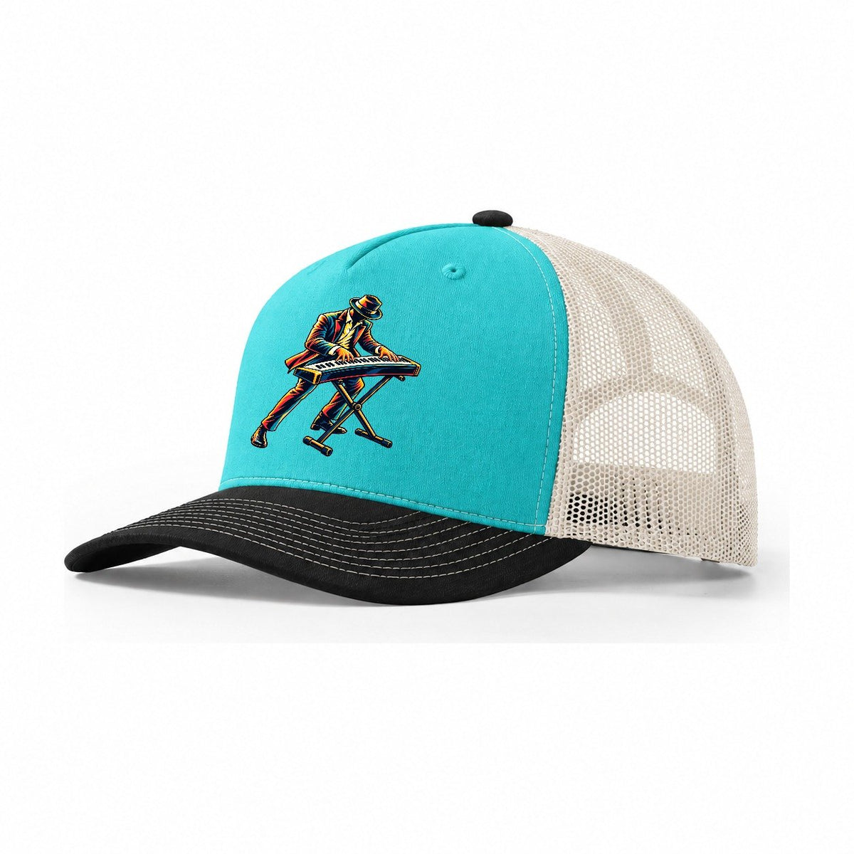 Keyboard Player Trucker Hat – Aqua Black White