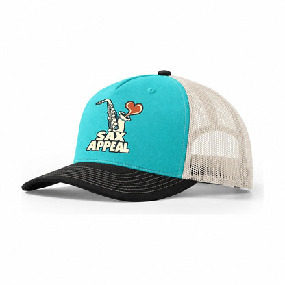 Sax Appeal Familiar Punchlines Trucker Hat – Aqua Black White