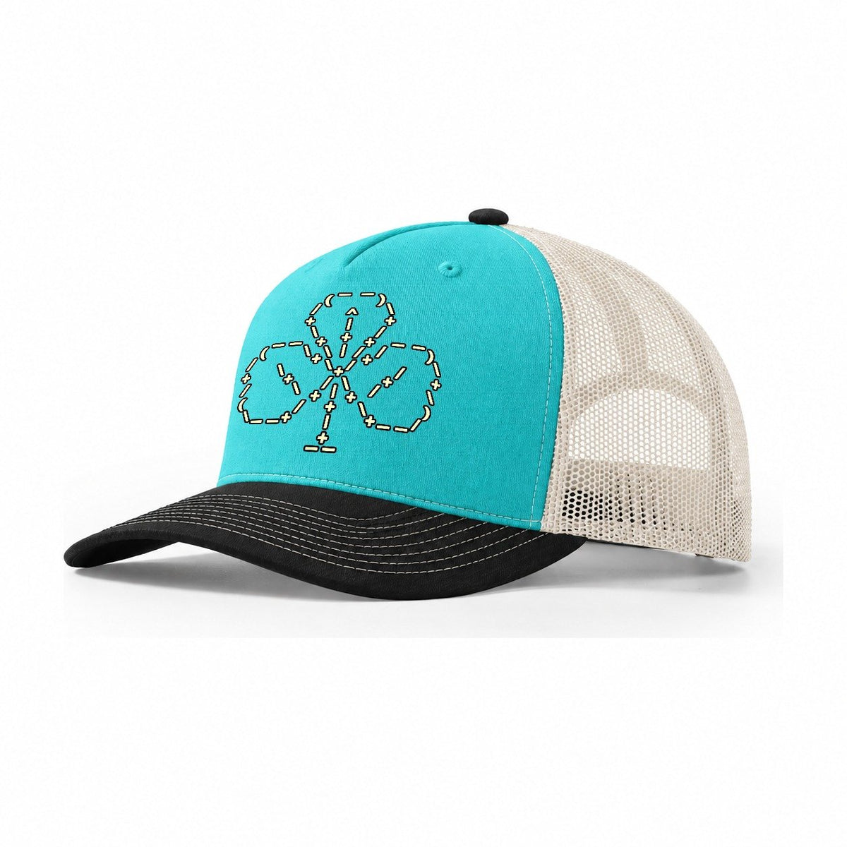 Clover Cursor Bloom Trucker Hat – Aqua Black White
