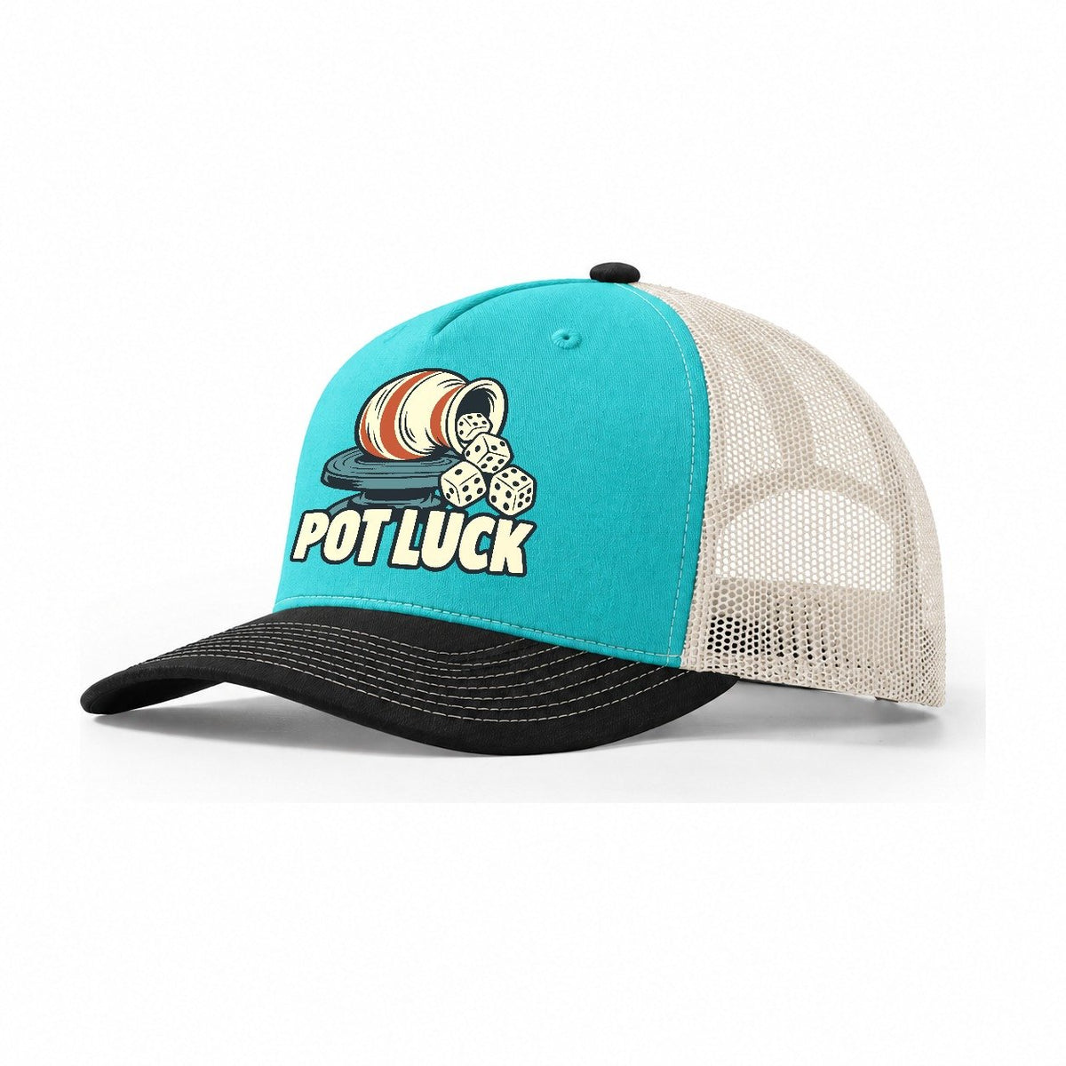 Pot Luck Familiar Punchlines Trucker Hat – Aqua Black White