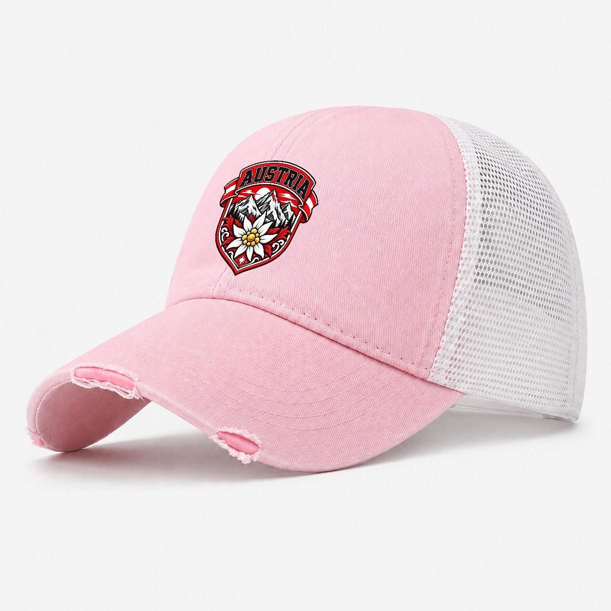 Austria Retro Badge Country Logos Washed Trucker Hat – Light Pink