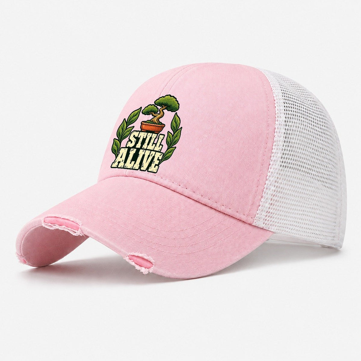 Still Alive Bonsai Washed Trucker Hat – Light Pink