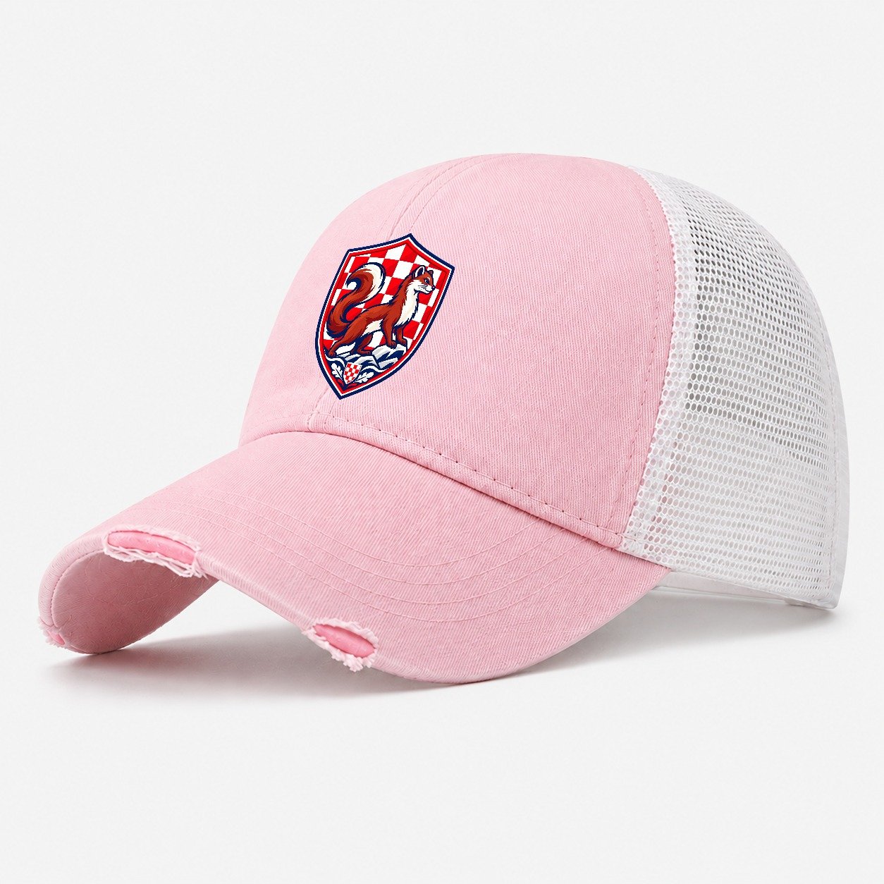 Croatia Minimal Emblem Country Logos Washed Trucker Hat – Light Pink