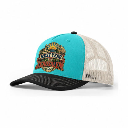 Next Year In Jerusalem Jerusalem Trucker Hat – Aqua Black White