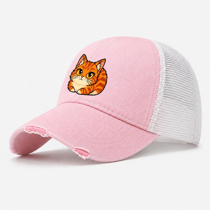 Orange Tabby Loafing Peeking Cats Washed Trucker Hat – Light Pink