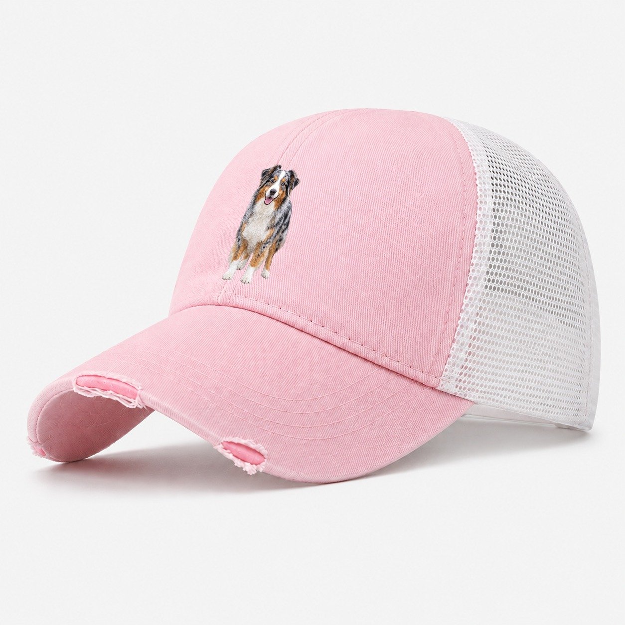 Australian Shepherd Standing Top Breeds Washed Trucker Hat – Light Pink
