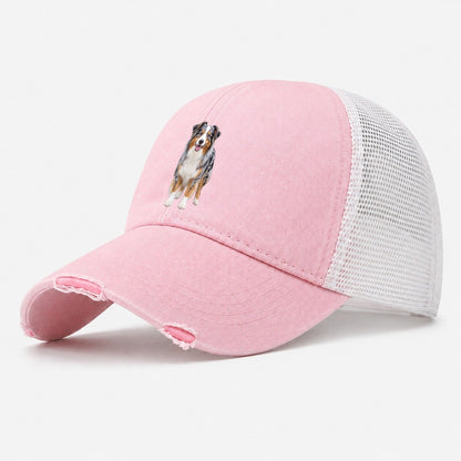 Australian Shepherd Standing Top Breeds Washed Trucker Hat – Light Pink