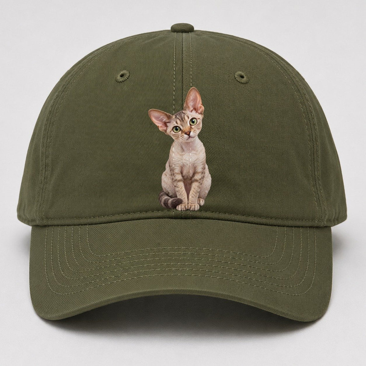 Devon Rex Seated Portrait Realistic Cat Portrait Baseball Cap – Army Green