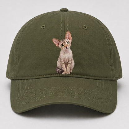Devon Rex Seated Portrait Realistic Cat Portrait Baseball Cap – Army Green