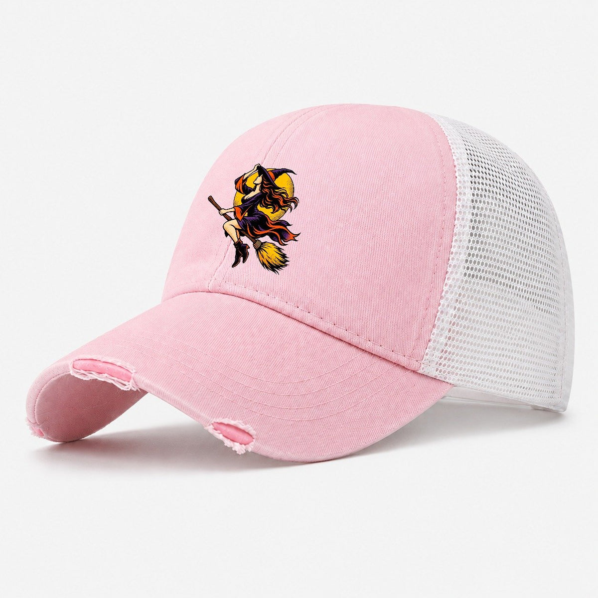 Pop Art Witch on Broom Washed Trucker Hat – Light Pink