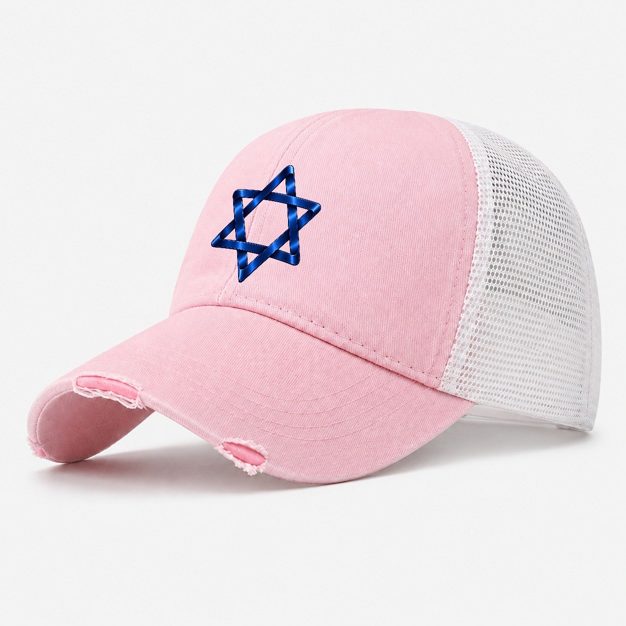 Star Of David Single Line Judaism Heritage Washed Trucker Hat – Light Pink