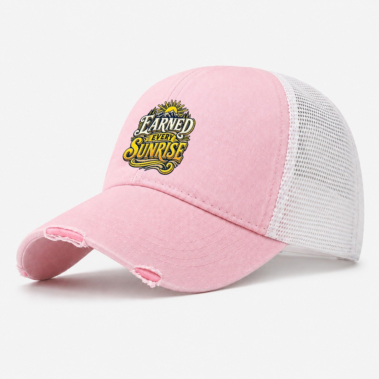 Earned Every Sunrise Retired Living Washed Trucker Hat – Light Pink