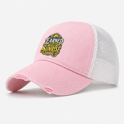 Earned Every Sunrise Retired Living Washed Trucker Hat – Light Pink