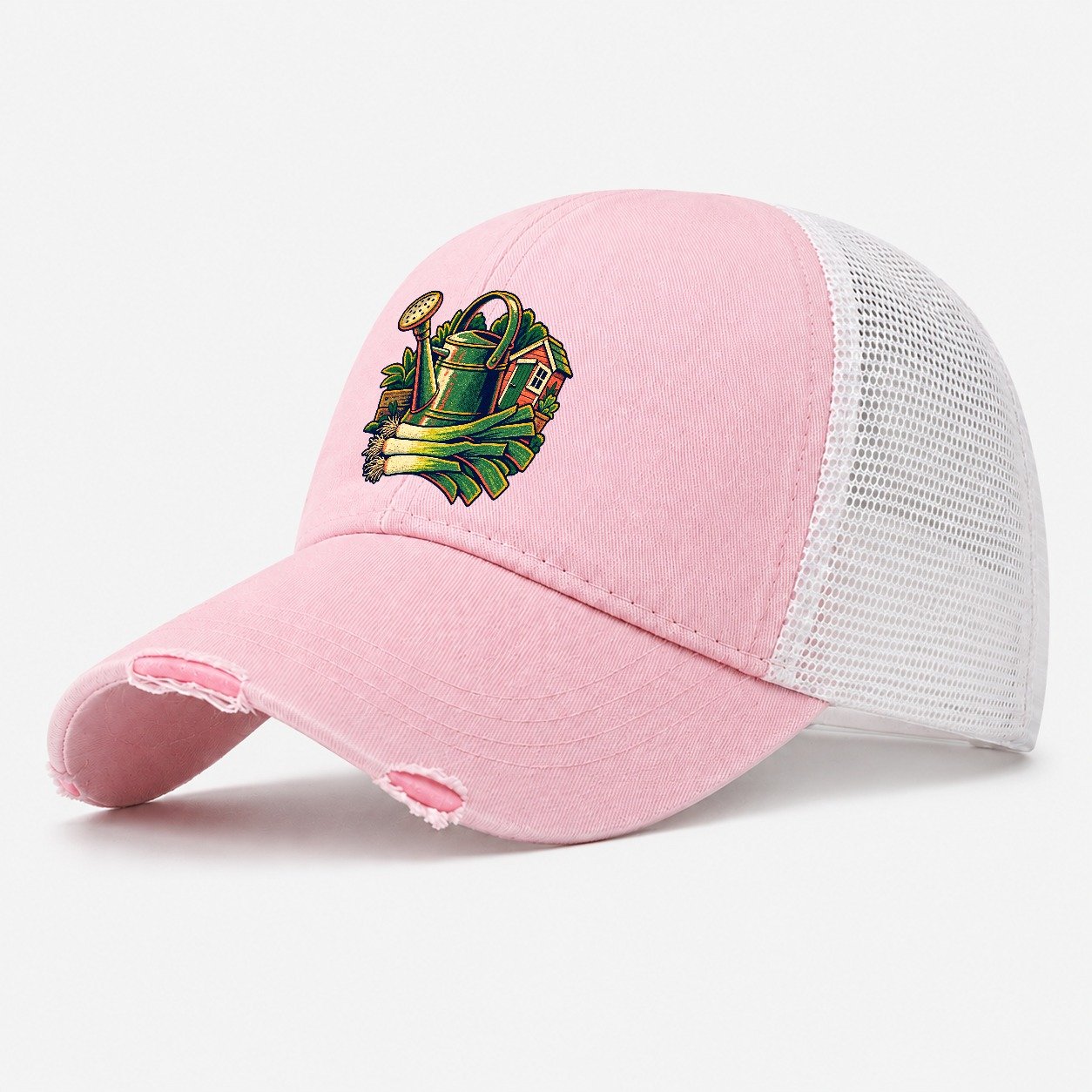 Allotment Shed Watering Can And Leeks Uk Culture Heritage Washed Trucker Hat – Light Pink
