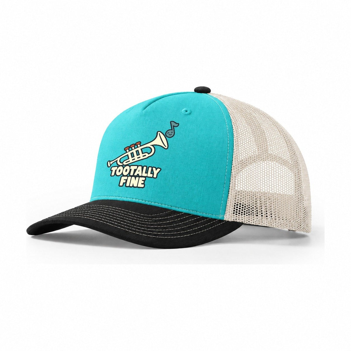 Tootally Fine Familiar Punchlines Trucker Hat – Aqua Black White