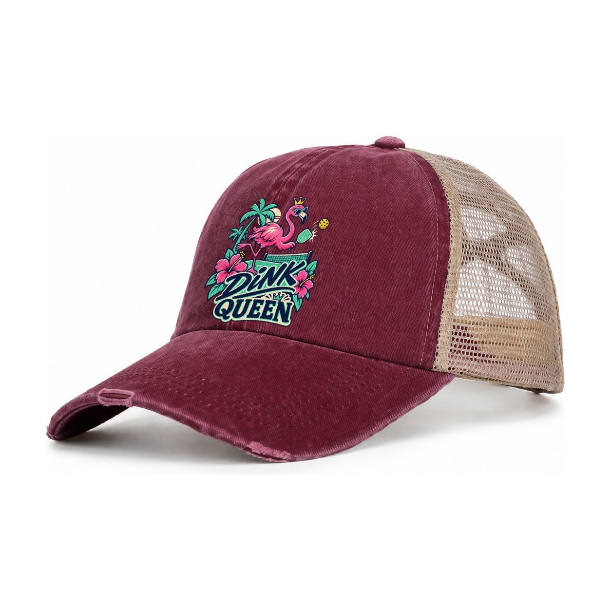 Flamingo Dink Queen Pickleball Life Women's Ponytail Trucker Hat – Burgundy Khaki