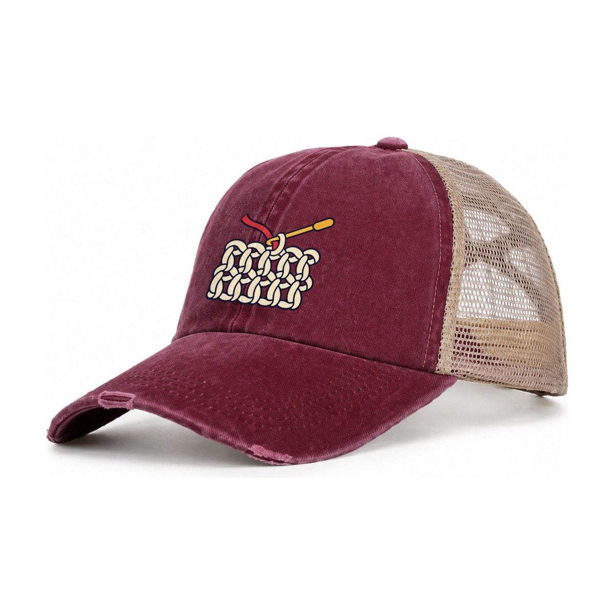 Hook And Yarn Diagram Yarn Crafts Women's Ponytail Trucker Hat – Burgundy Khaki
