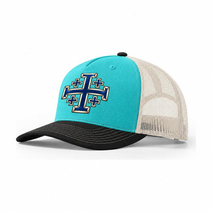 Jerusalem Cross Blue Enamel Character Club Trucker Hat – Aqua Black White
