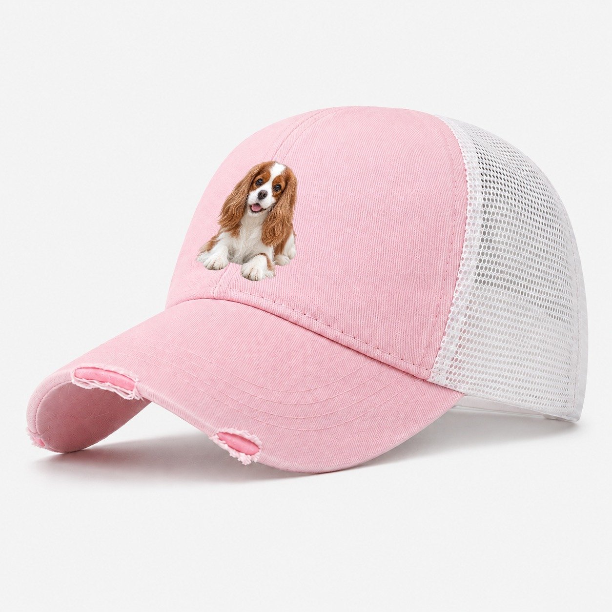 Cavalier King Charles Spaniel Lying Down Top Breeds Washed Trucker Hat – Light Pink